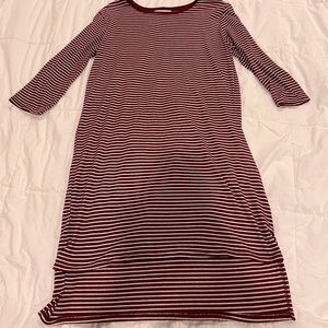 Maroon and white striped t-shirt dress. Shorter in front than in the back. Large